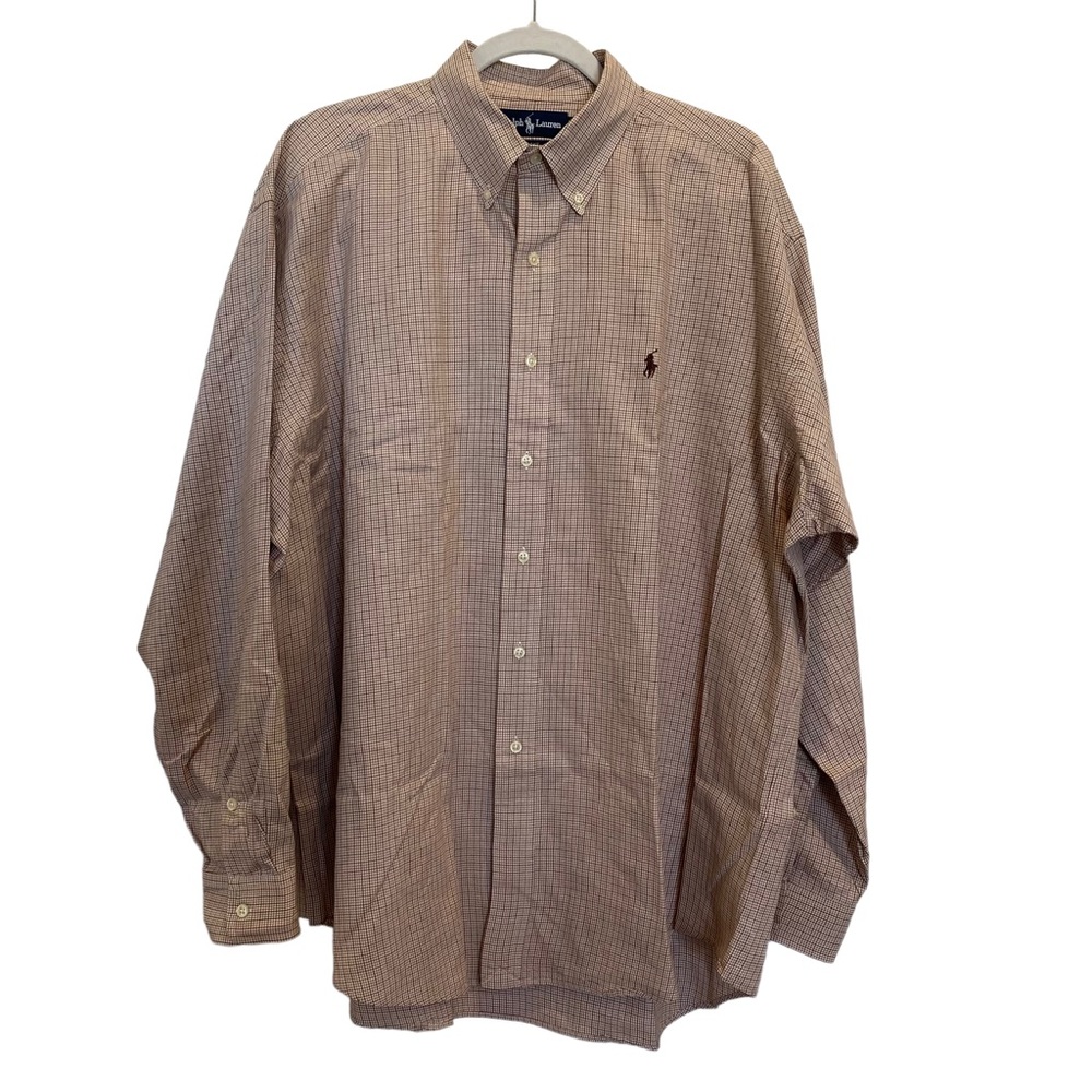 Ralph Lauren Blake Mens Button Down Long Sleeve Tan White Plaid Career Shirt XL
